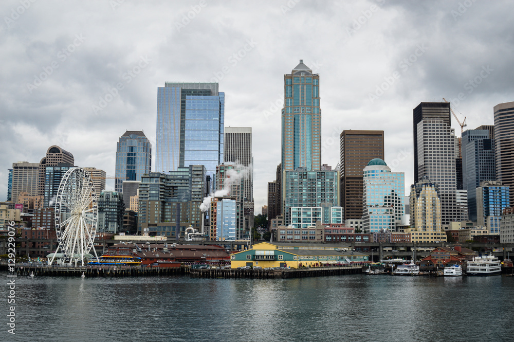 Seattle waterfront skyline view from ferry.