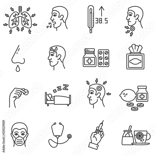 Flu icons set. ARI, thin line design. Respiratory disease, linear symbols collection. Symptoms and treatment of colds and flu, isolated vector illustration.