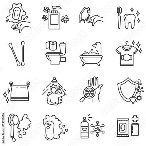 Hygiene icons set. Compliance with health and purity of the body, thin line design. Body care, linear symbols collection. Compliance purity, isolated vector illustration. Protection against germs.
