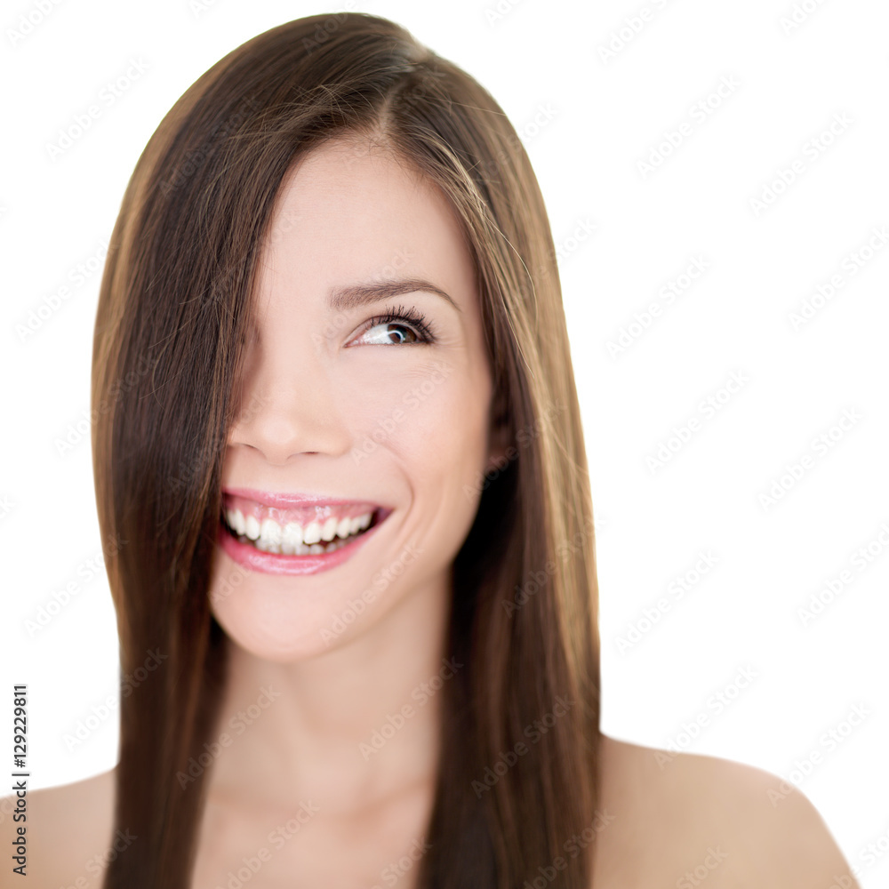 Hair care Asian woman smiling looking at white background copyspace. Beautiful girl with long straight brown hair for haircut or hairstyle beauty salon concept. Happy natural smile person. Hair care Asian woman smiling looking at white background copyspace. Beautiful girl with long straight brown hair for haircut or hairstyle beauty salon concept. Happy natural smile person.