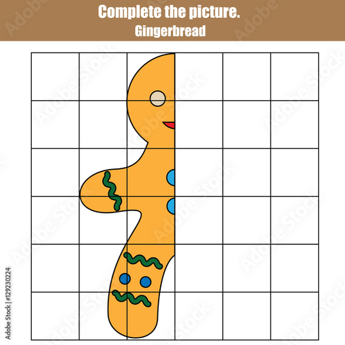 Grid copy game, complete the picture educational children . Printable Kids activity sheet with gingerbread man