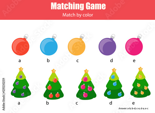 Matching children educational game, match by color. Christmas, new year winter holidays theme