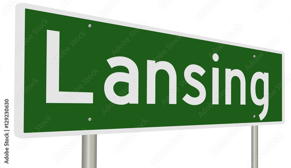 A 3d rendering of a green highway sign for Lansing, Michigan A 3d rendering of a green highway sign for Lansing, Michigan