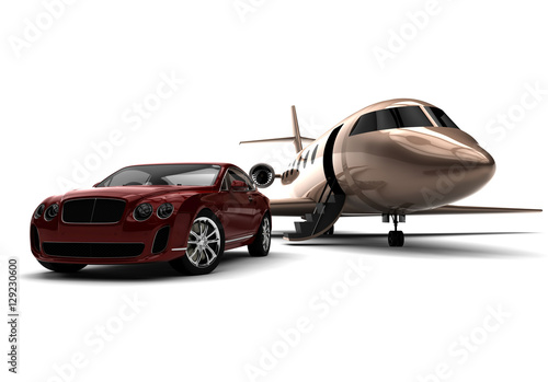 Luxury life / 3D render image representing a luxury car with an private jet 