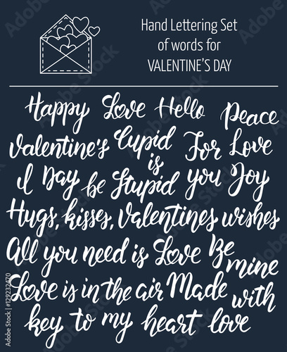 Hand lettering set of words for Valentine's day and wedding. Brush calligraphy. Vector