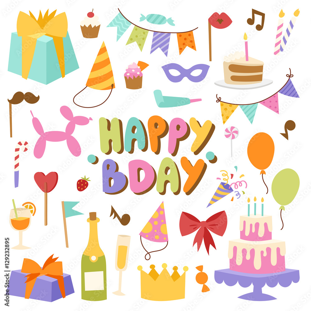 Birthday icons in flat colors style. Birthday icons in flat colors style.