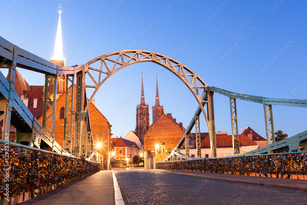 Tumski Bridge on Tum island on evening. Wroclaw, Poland