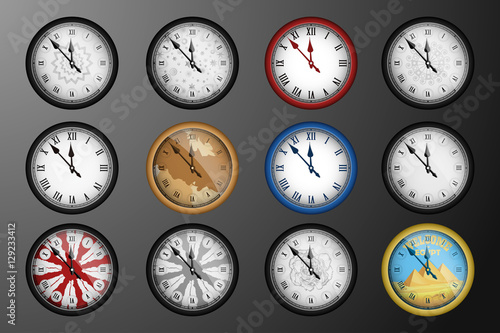 Pack of 12 realistic vintage clocks isolated on dark background. Vector illustration