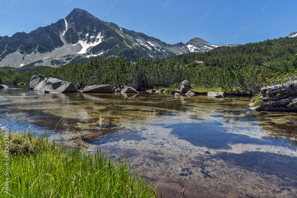 Reflection of Sivrya peak in Banski lakes, Pirin Mountain, Bulgaria