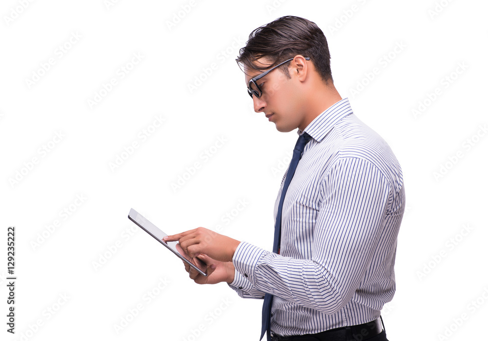 Businessman using his tablet computer isolated on white