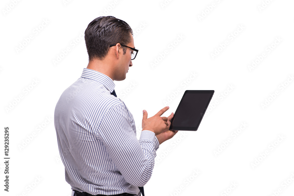 Businessman using his tablet computer isolated on white Businessman using his tablet computer isolated on white