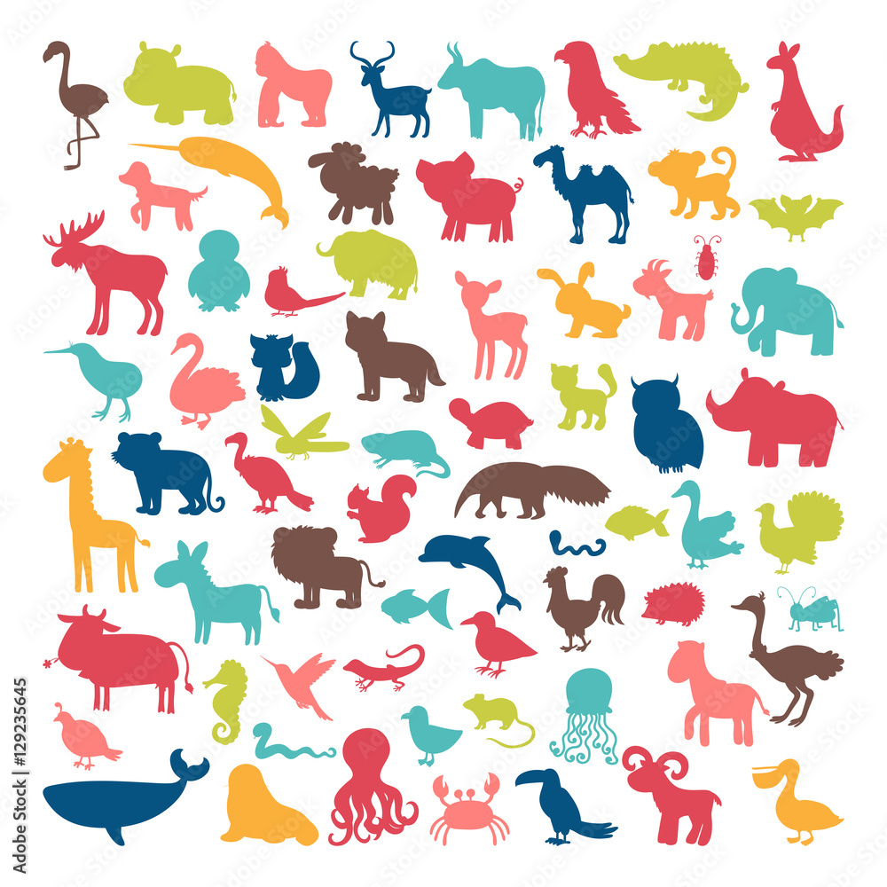 Big set of animals silhouettes in cartoon style. Wild life Big set of animals silhouettes in cartoon style. Wild life