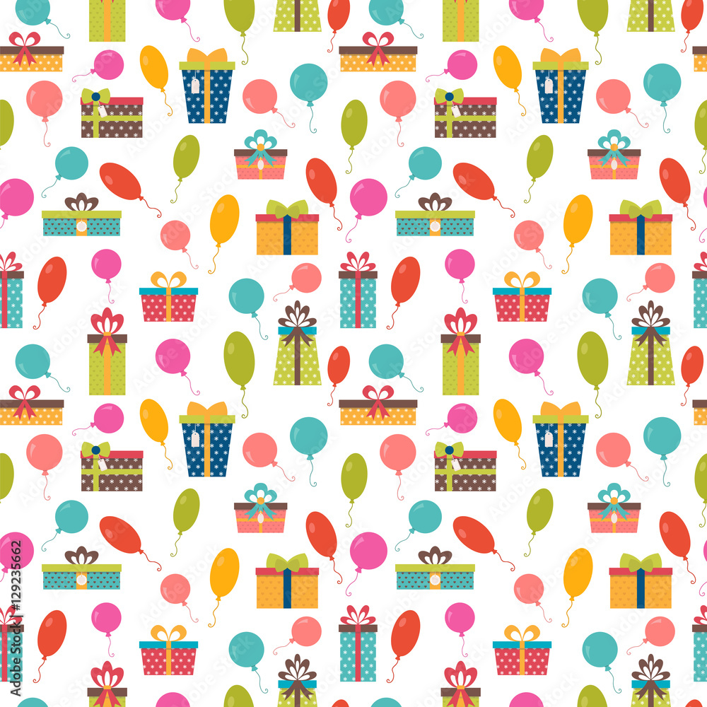 Birthday background. Seamless pattern with colorful gift boxes a