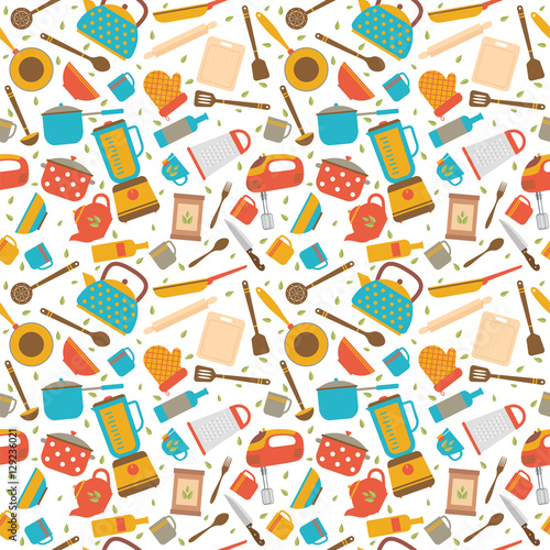 Cute seamless pattern with kitchen tools. Cooking utensils backg