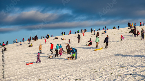 Snow sledding hill in a city