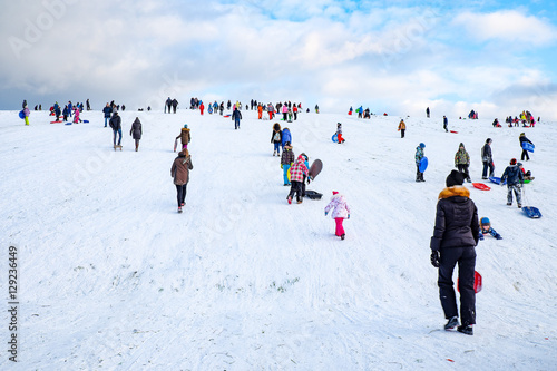 Snow sledding hill in a city