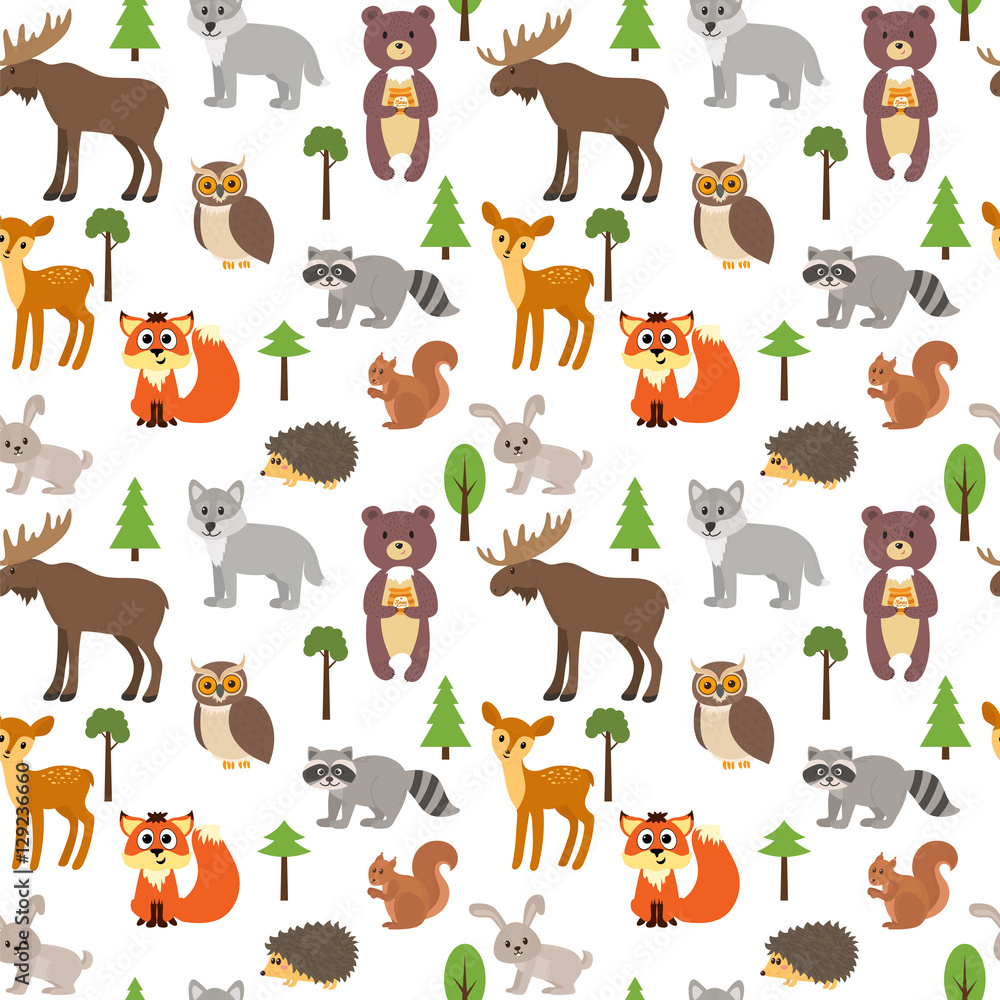 Fototapeta premium Seamless pattern with cute forest animals and trees on white bac