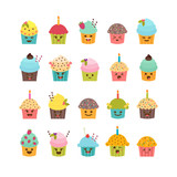 Set of cupcakes and muffins. Cute cartoon characters, emoji. Bir