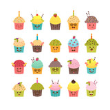Set of cupcakes and muffins. Kawaii cupcakes set. Cute cartoon c