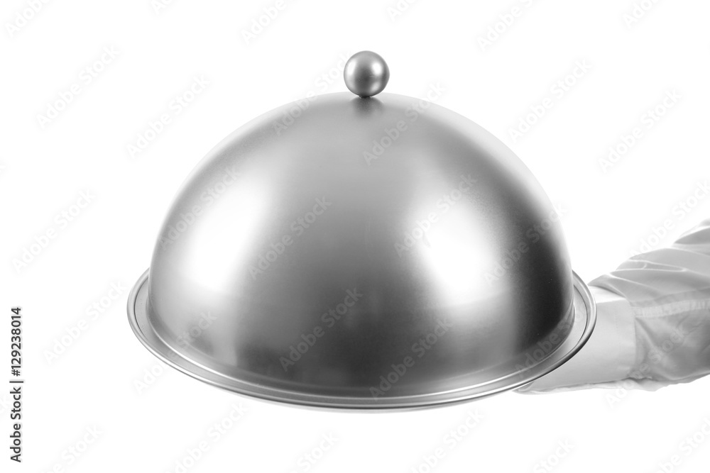 Male waiter holding cloche and tray on white background Male waiter holding cloche and tray on white background
