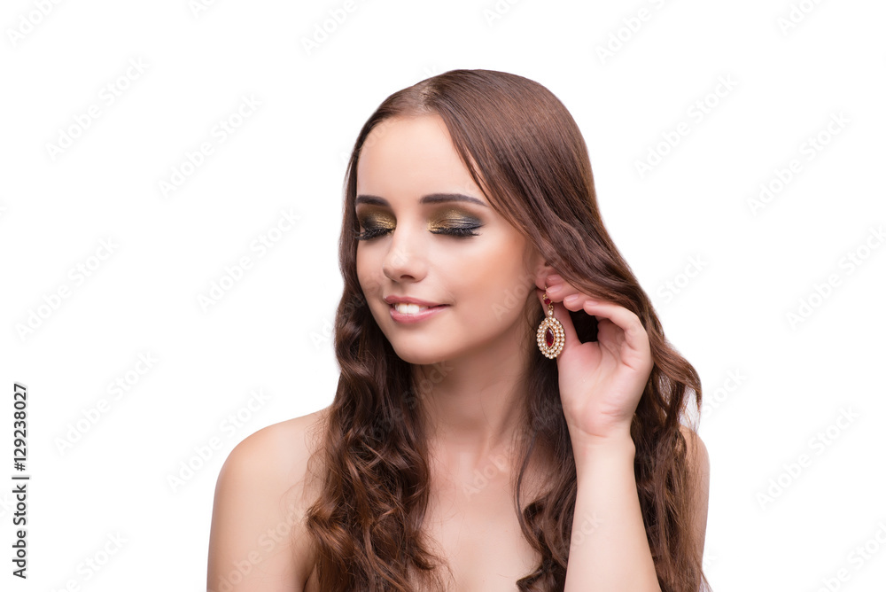 Young woman showing off her jewellery isolated on white Young woman showing off her jewellery isolated on white
