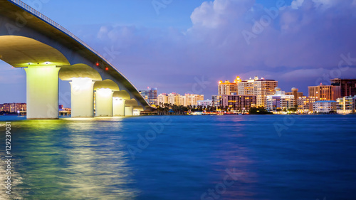 Sarasota, Florida Skyline and Bridge Across Bay at Night photo