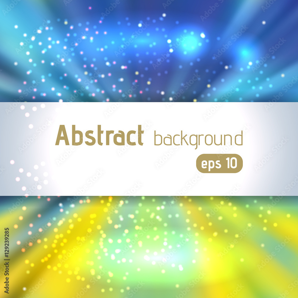 Colorful rays background with place for text. Abstract motion blur background with power explosion. Vector illustration. Yellow, blue, green colors.