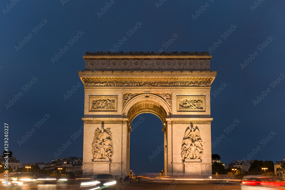 Triumphal arch. Paris. France. View Place Charles de Gaulle. Famous touristic architecture landmark in summer night. Napoleon victory monument. Symbol of french glory. World historical heritage. Toned