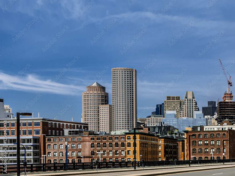 Boston downtown skyline view from waterfront area, a lotof copyspace on a sky