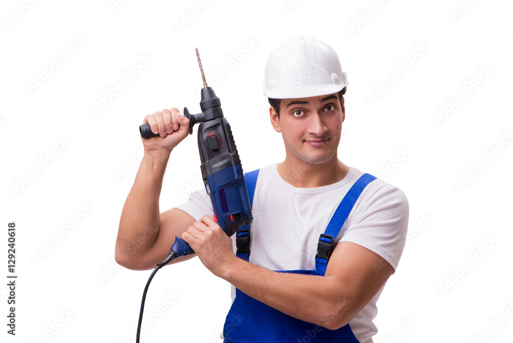 Man with drill isolated on the white Man with drill isolated on the white