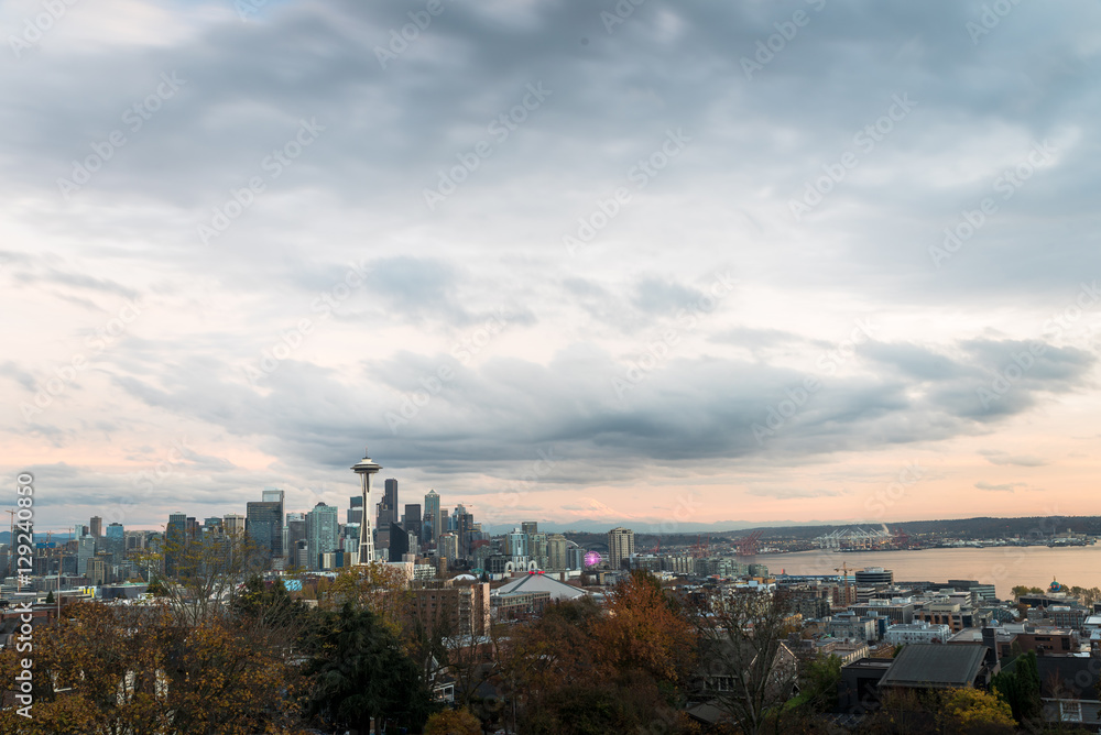 Seattle Downtown with Space Needle lit by evening light Seattle Downtown with Space Needle lit by evening light