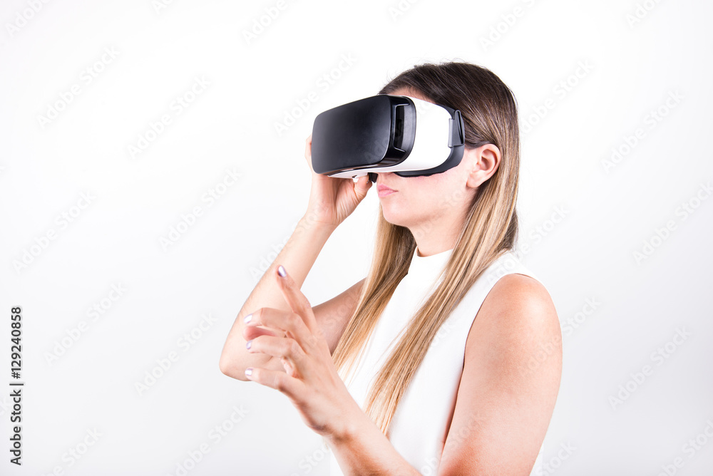 female model wearing virtual reality headset female model wearing virtual reality headset