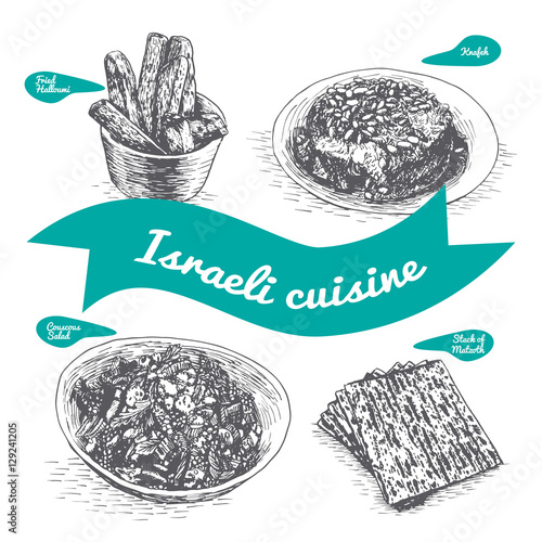 Monochrome vector illustration of israeli cuisine.