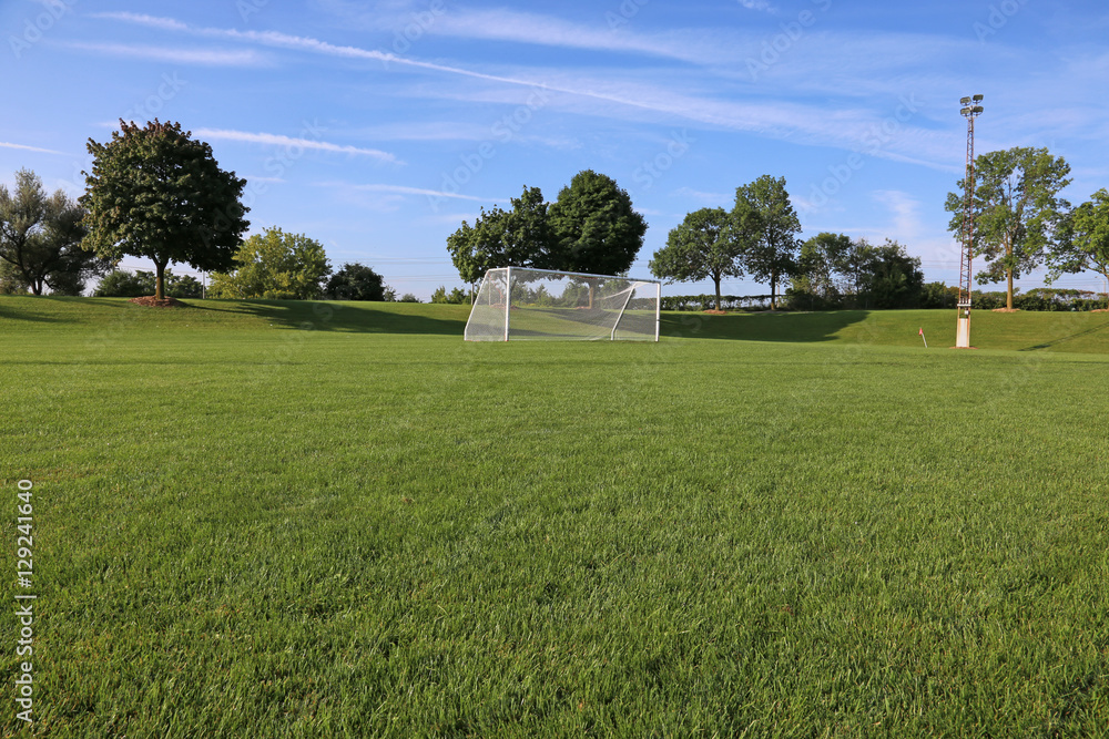 A view of a net on a vacant soccer pitch in morning light..