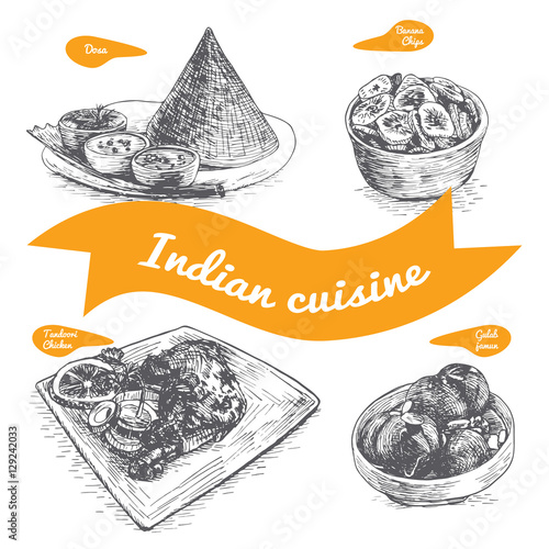 Monochrome vector illustration of Indian cuisine.