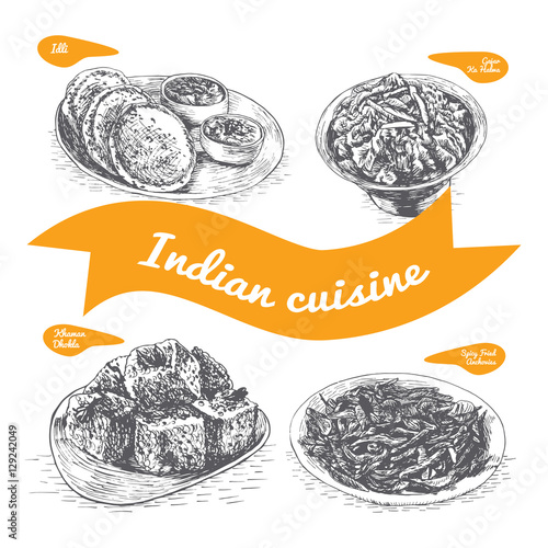 Monochrome vector illustration of Indian cuisine.