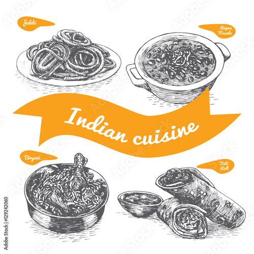 Monochrome vector illustration of Indian cuisine.