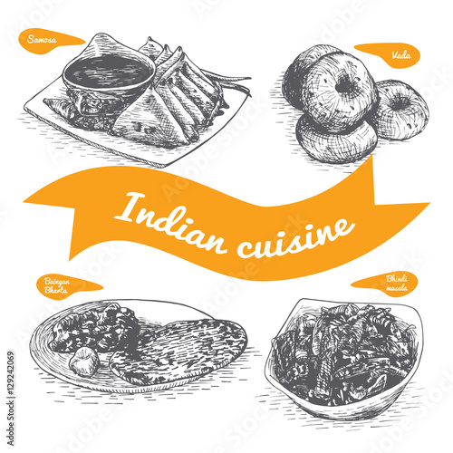 Monochrome vector illustration of Indian cuisine.