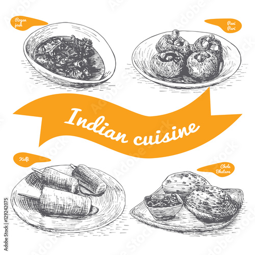 Monochrome vector illustration of Indian cuisine.