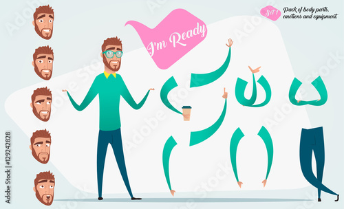 Pack of body parts, emotions and equipment. Vector character illustration in cartoon style.