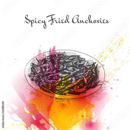 Spicy Fried Anchovies watercolor effect illustration.