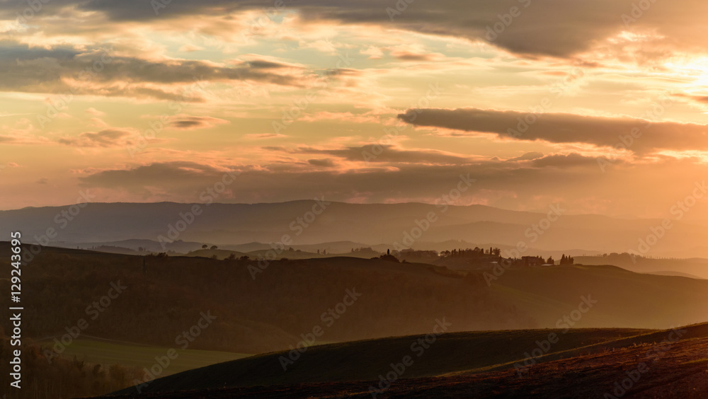Sunset in tuscany countryside