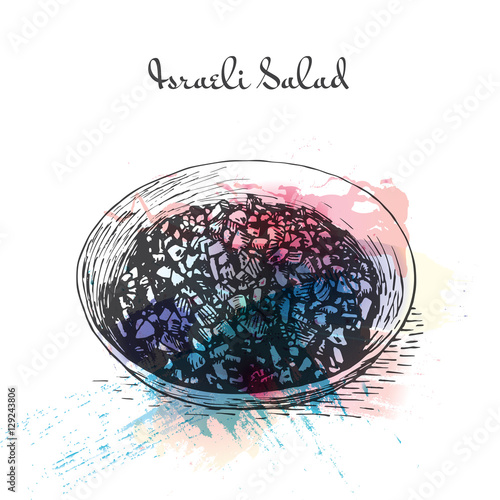 Israeli Salad watercolor effect illustration.