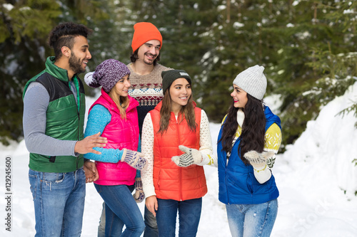 People Group Snow Forest Happy Smiling Young Friends Walking Outdoor Winter Pine Woods