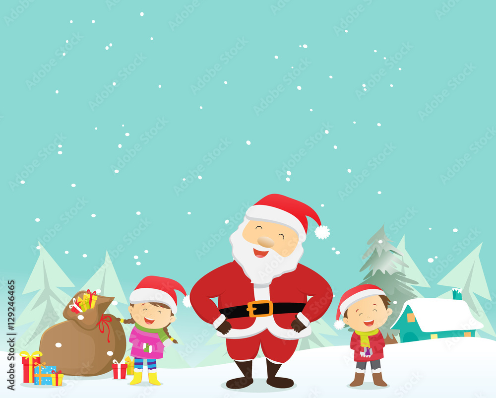 happy kids with santa and gifts in Winter season. happy kids with santa and gifts in Winter season.