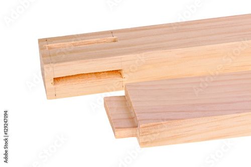 Obraz na plátne Close-up of boards with a woodworking mortises and a tenon isola