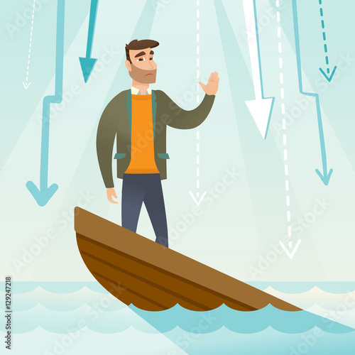 Business woman standing in sinking boat.