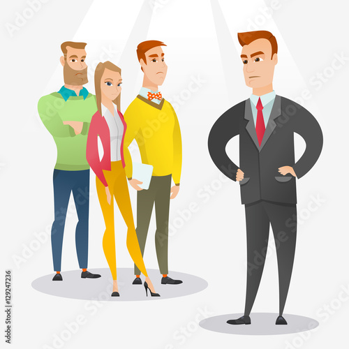 Angry boss with employees during meeting.