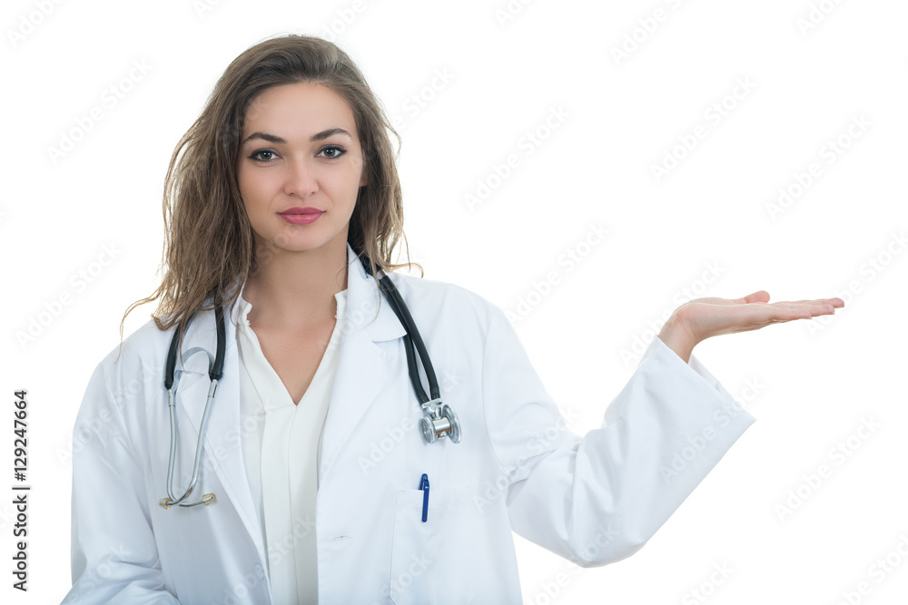 medical doctor woman smile with stethoscope and hand showing something medical doctor woman smile with stethoscope and hand showing something