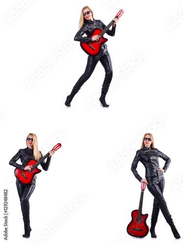 Young woman playing guitar isolated on white